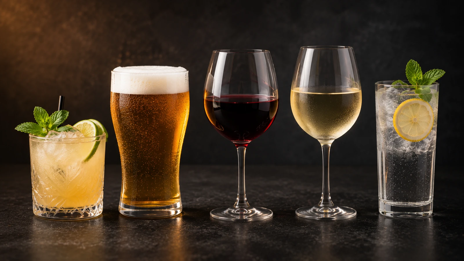 Cocktails, beer, wine and non-alcoholic beverages
